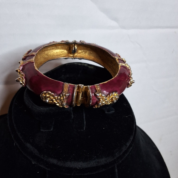 Kenneth Jay Lane KJL Purple Enamel Hinged Clamper Bangle Gold Rope Scroll Bracel - Picture 10 of 12